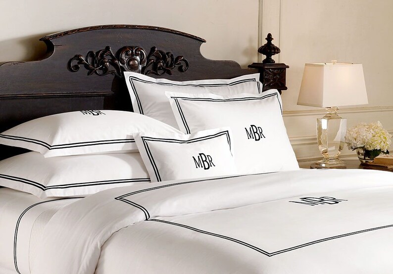 Personalization Monogram 400 Thread Count Cotton Sateen Duvet Cover Hotel Stitch 3 Piece Double Embroidery image 1