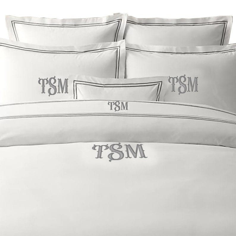 Personalization Monogram 400 Thread Count Cotton Sateen Duvet Cover Hotel Stitch 3 Piece Double Embroidery image 3