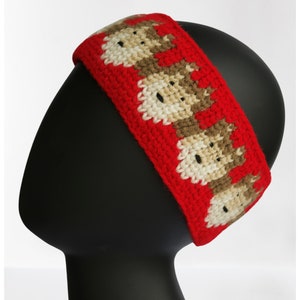 May include: Red crocheted headband with a repeating pattern of brown and white animal faces.