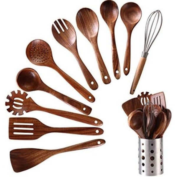 Kitchen Utensils Set, 12 Pcs Teak Wooden Cooking Spoons Spatula Spurtles Kit with Spoon Rest Whisk, Non-stick Natural Kitchen Tools.