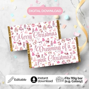 Puede incluir: Dos envoltorios de barras de chocolate con bordes dorados y un tema navideño rosa. Los envoltorios presentan el texto "Merry Christmas" y "Dreaming of a pink Christmas" con ilustraciones de Papá Noel, árboles y regalos. Los envoltorios están etiquetados como "Editable" e "Instant download".