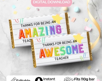 Personalized Teacher Chocolate Wrapper Template: 110g Printable Gift (Digital Download)