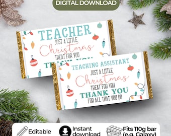 Wrapper chocoladereep voor kerstleraar: afdrukbare sjabloon van 110 g (digitale download)