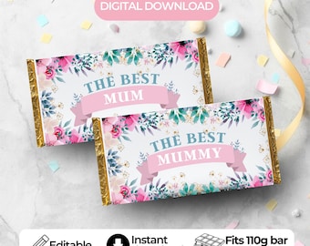 Embalagem para Barra de Chocolate para o Dia das Mães: Presente Floral para Mãe (Arquivo Digital)
