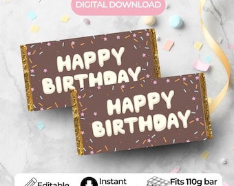 Confezione per tavoletta di cioccolato "Happy Birthday": modello stampabile da 110 g (download digitale)