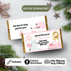 Envoltorio de chocolate rosa para la lista de niños buenos / Regalo de Navidad (Plantilla imprimible, descarga digital)