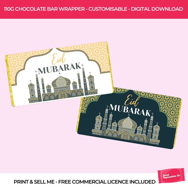 Eid Mubarak | Printable 110g Chocolate Wrapper Template | Download & Print | Eid SVG | Printable Gift | Eid Gift | Eid Chocolate | Eid Bar