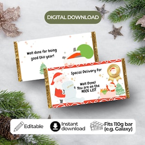 Opakowanie na czekoladę z listem grzecznościowym Świętego Mikołaja | Prezent świąteczny do druku (pobranie cyfrowe)