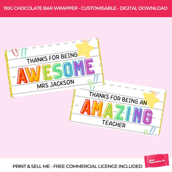 Teacher Present | Printable 110g Chocolate Wrapper Template | Download & Print | Teacher SVG | Printable Gift | Bulk End of School Gift