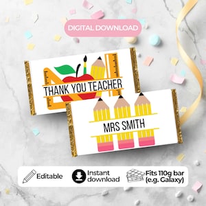 Modello di involucro per tavoletta di cioccolato per insegnanti: regalo stampabile da 110 g (download digitale)