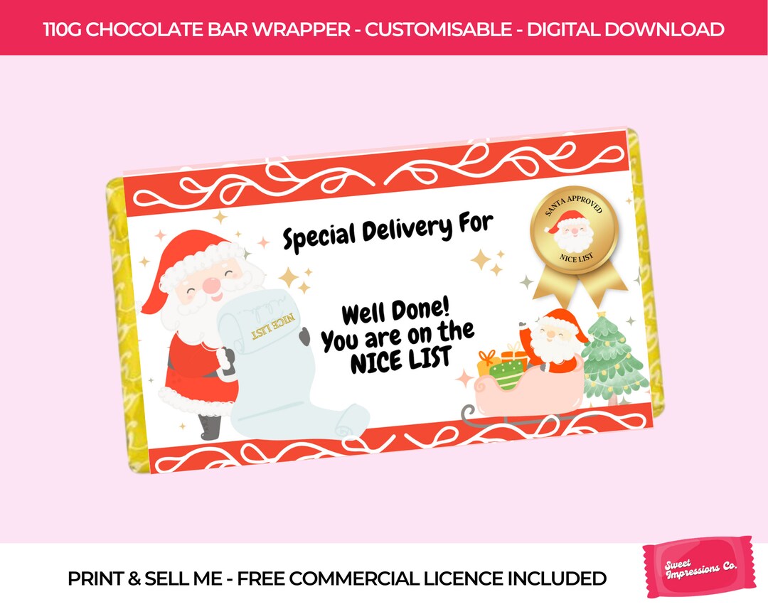 Santa Nice List Chocolate Wrapper | Child Christmas Gift | Printable ...