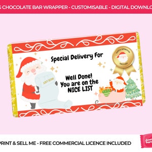 Involucro di cioccolato con Lista di Babbo Natale / Regalo di Natale per bambini / Modello di involucro stampabile / Scarica e stampa / Vigilia di Natale / Elenco di Nizza