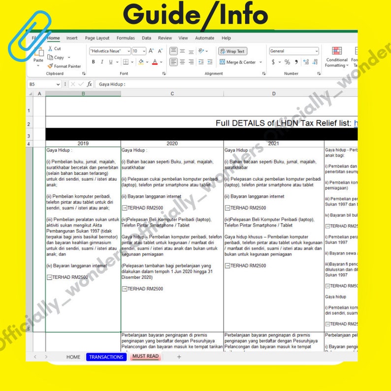 EXCEL FORMAT - LHDN Tax Reliefs Personal Expense Tracker - Etsy