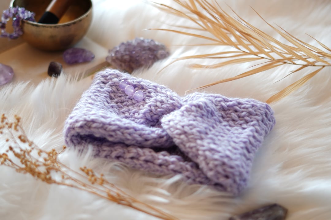 Lavender Knit Headband With Malaysian Jade Crystal Stones