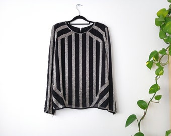 Black georgette blouse embroidered with silver beads, 90s, elegant, beaded size M, size L