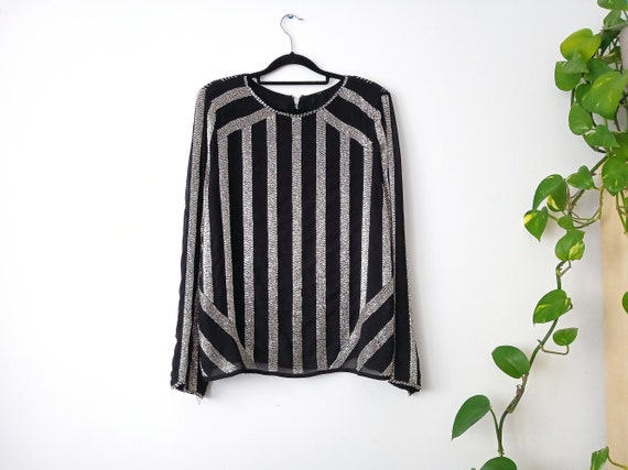 Black georgette blouse embroidered with silver beads, 90s, elegant, beaded size M, size L