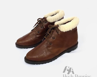 Hush Puppies Arbeitsstiefel aus Leder, braune Stiefeletten mit Wolle, britische Marke, 80er Jahre, Größe EU 39 / UK 6
