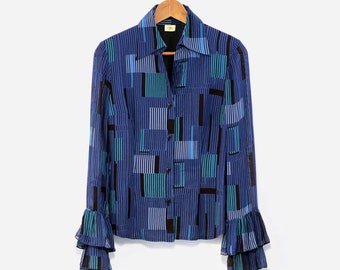 vintage jaren '70 viscose chiffon shirt, blauw geometrisch patroon, gestript patroon shirt, disco funky funk