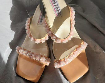 Vintage High Heel Pantoletten 90er, 00er, Y2K, Leder, Lackleder, Pailletten, orange und puderrosa Größe EU 38, UK 5, US 7