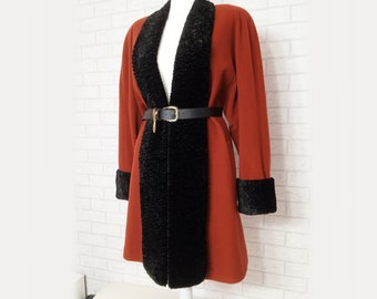 Vintage, exclusive, 70s / 80s elegant wool cashmere foxy red coat with black faux fur universal size, Blarney, rusty red, mid-length