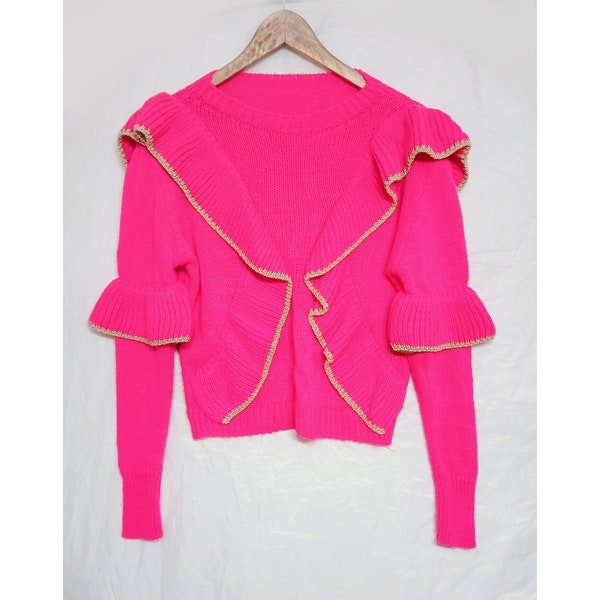 Neon barbie pink 80s / 90s knit sweater, ruffles, gold trim, italian