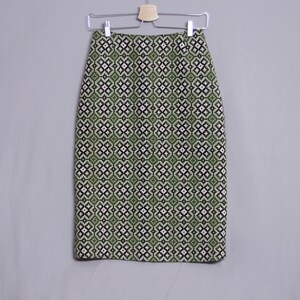 Tapiz galés de cintura alta, falda lápiz de lana, talla S media longitud estampado geométrico verde, vintage 60s/70s