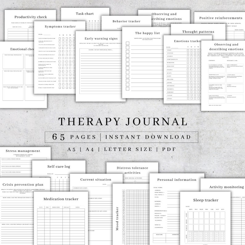May include: A black and white printable therapy journal with 65 pages. The journal includes sections for tracking symptoms, mood, sleep, medication, stress management, self-care, and more. The journal is available in A5, A4, and letter size.