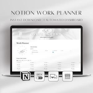 Könnte beinhalten: Ein Laptop-Bildschirm zeigt eine Notion-Arbeitsplaner-Vorlage mit Dashboard, Projektaufgaben-Tracker und Notizbereich. Die Benutzeroberfläche enthält eine Uhr, eine Tabelle und vier Symbole am unteren Rand für Notion, Hell- und Dunkelmodus, Gerätekompatibilität und einen Kalender.
