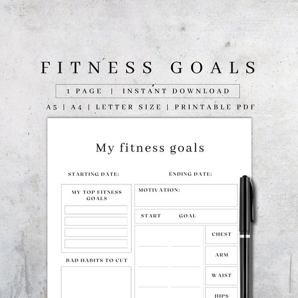 Feuille d'objectifs de fitness 2024 imprimable | Pages numériques du journal de remise en forme | Défi Perte de poids | Suivi des mesures | Motivation fitness PDF A5