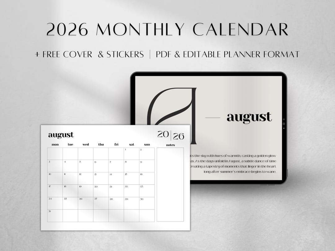 Minimalist 2026 Calendar Landscape | Printable Monthly Dated Planner ...