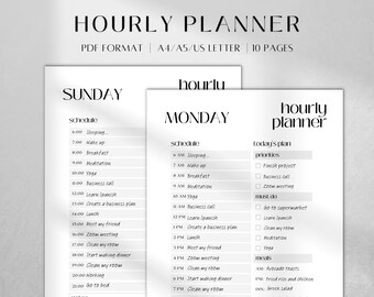 Op de afbeelding: Een zwart-witte printbare uurplanner met een schema voor zondag en maandag. De planner bevat secties voor prioriteiten, taken die moeten worden gedaan en maaltijden.