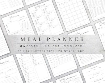 May include: A printable meal planner with 25 pages in A5, A4, and letter sizes. The planner includes weekly meal plans, grocery lists, daily meal trackers, and health habit trackers. The planner is black and white with a minimalist design.