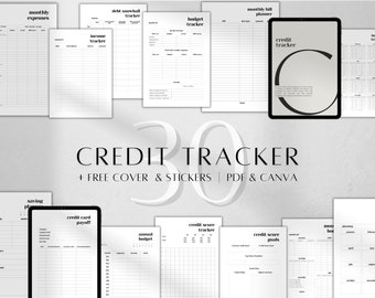 May include: A set of 30 printable credit tracker pages in black and white. The pages include trackers for monthly expenses, income, debt snowball, budget, monthly bill planner, credit card payoff, credit score, and credit score goals. The pages are designed for use with PDF and Canva.