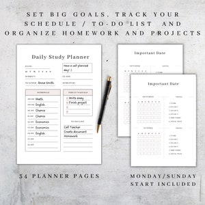 May include: A black and white printable daily study planner with a schedule, to-do list, and important dates. The planner includes sections for subject, teacher, class, semester, and notes.
