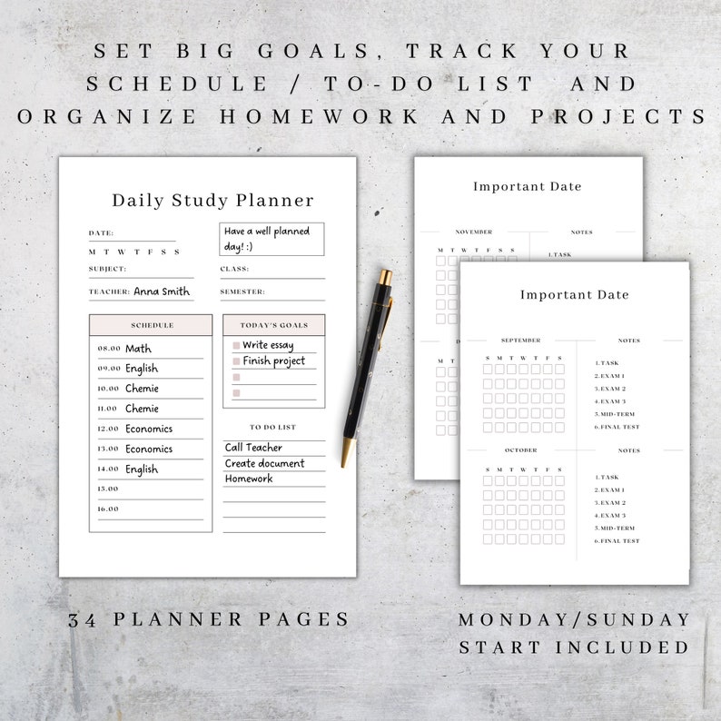 May include: A black and white printable daily study planner with a schedule, to-do list, and important dates. The planner includes sections for subject, teacher, class, semester, and notes.