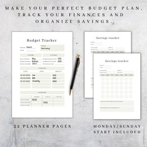 May include: A printable budget planner with two pages. The first page is a budget tracker with sections for income, expenses, and savings. The second page is a savings tracker with a calendar and space to track savings goals. The text on the page reads "Make your perfect budget plan, track your finances and organize savings."