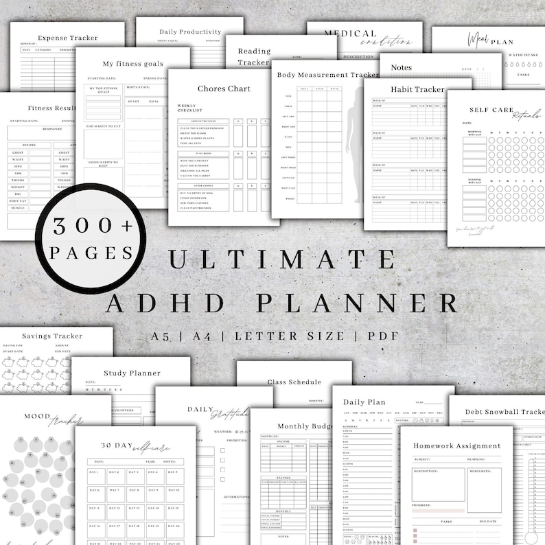 May include: A collection of printable planner pages for ADHD, including expense trackers, habit trackers, and daily plans. The planner includes over 300 pages and is available in A5, A4, and letter sizes. The text "ULTIMATE ADHD PLANNER" is displayed.