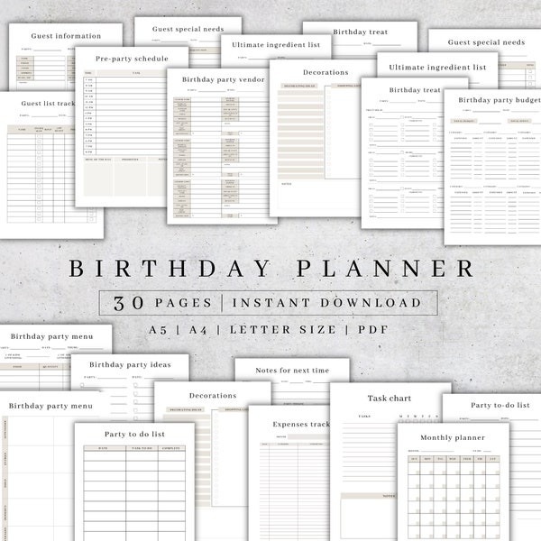 Printable Birthday Planner | Party Planner | Event Organizer | Event Planning | Party Checklist | Guest List Tracker | PDF A4, A5, US Letter