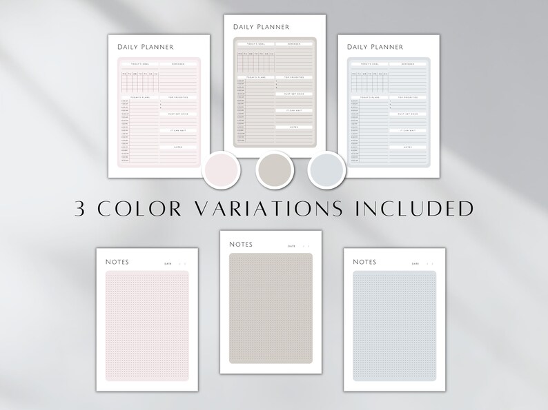 May include: Three printable daily planner pages in pink, beige, and blue with a grid layout. The pages are labeled "Daily Planner" and include space for notes, tasks, and appointments. The image also includes three smaller pages labeled "Notes" in the same colors.