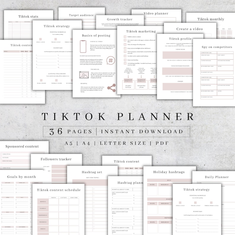 May include: A set of printable TikTok planner pages in a neutral colour scheme. The pages include sections for strategy, content planning, and tracking metrics. The title "TikTok Planner" is displayed prominently, along with "36 Pages | Instant Download".