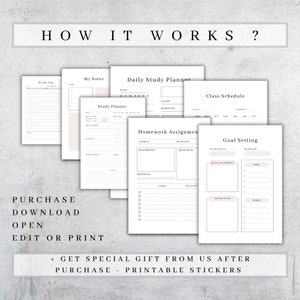 May include: A printable set of student planner pages with a minimalist design. The pages include sections for to-do lists, notes, daily study planning, class schedules, homework assignments, and goal setting.