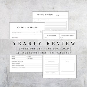 Könnte beinhalten: Druckbarer Jahresüberblick-Planer mit drei verschiedenen Versionen: A5, A4 und Letter-Größe. Der Planer enthält Abschnitte für die wichtigsten Leistungen, Highlights, Notizen und ein Bewertungssystem.