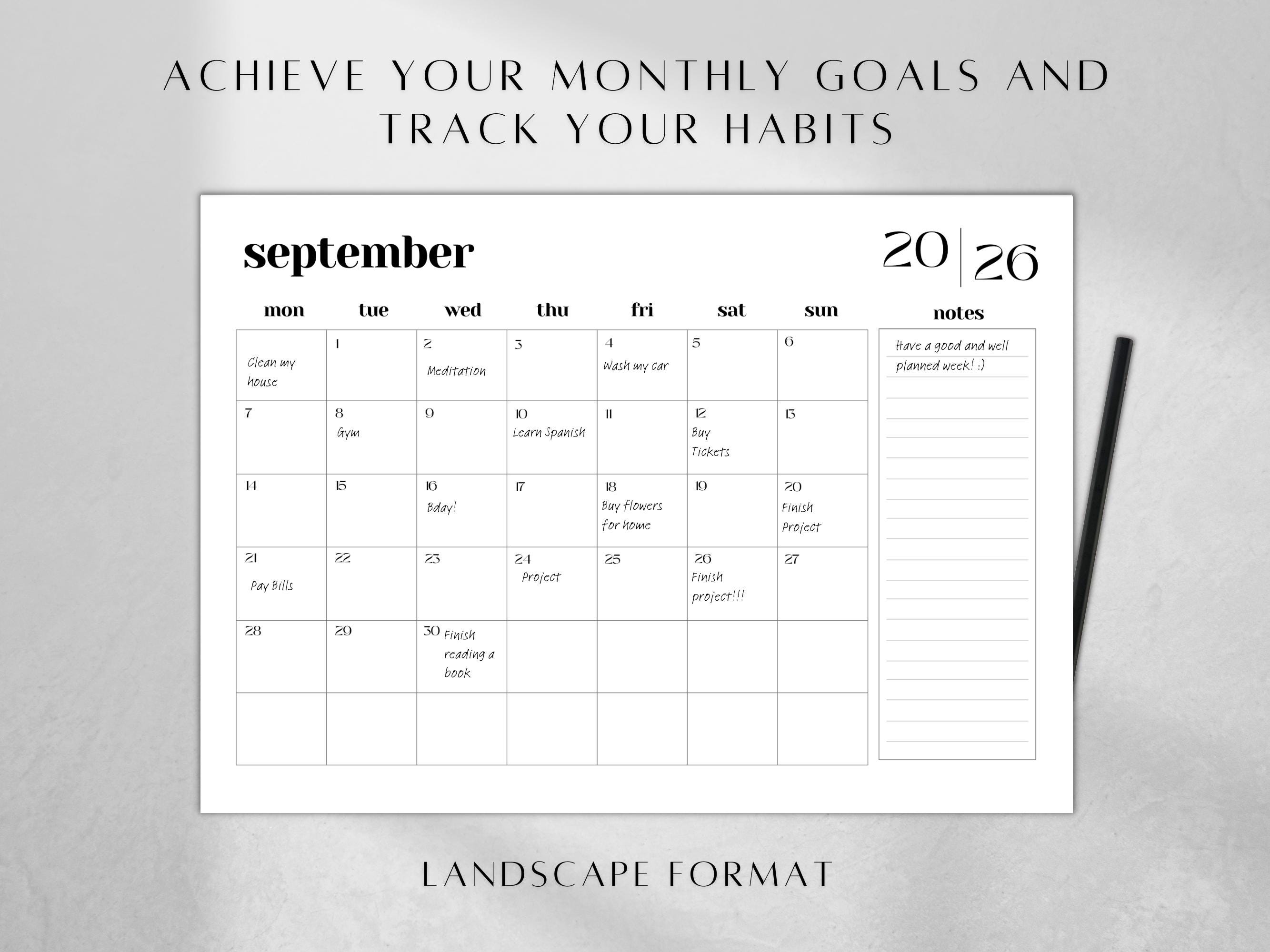 Minimalist 2026 Calendar Landscape | Printable Monthly Dated Planner ...
