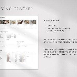 Pode incluir: Um rastreador de economia digital com o t&iacute;tulo "SAVING TRACKER". Inclui se&ccedil;&otilde;es para economias, saldos de contas e fundos de amortiza&ccedil;&atilde;o. O texto incentiva os usu&aacute;rios a acompanhar as economias e listas de desejos em um s&oacute; lugar.