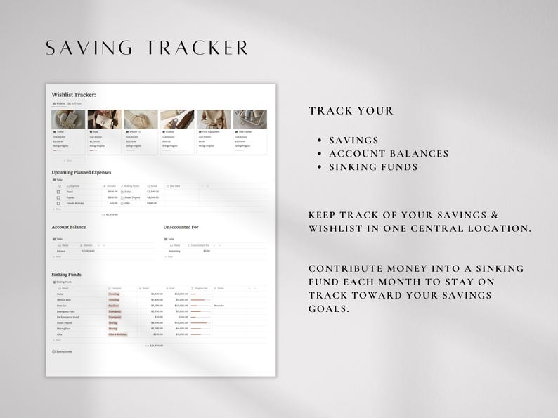 Pode incluir: Um rastreador de economia digital com o t&iacute;tulo "SAVING TRACKER". Inclui se&ccedil;&otilde;es para economias, saldos de contas e fundos de amortiza&ccedil;&atilde;o. O texto incentiva os usu&aacute;rios a acompanhar as economias e listas de desejos em um s&oacute; lugar.