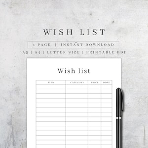Wunschliste ausdrucken | Manifestation Journal Seite | Traummanifestation | Shopping Tracker PDF | Digitale Bucket List| Liste A5/A4 kaufen