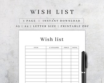 Printable Wish List Sheet | Manifestation Journal Page | Dream Manifestation | Shopping Tracker PDF | Digital Bucket List| To Buy List A5/A4