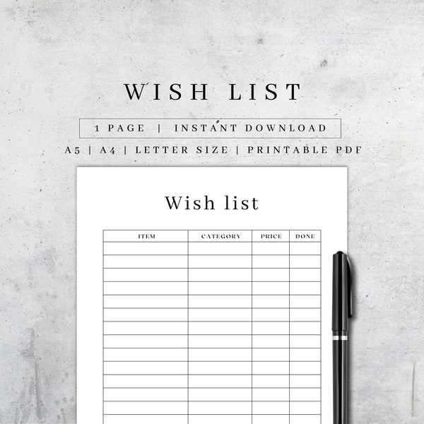 Druckbare Wunschliste | Manifestation Journal Seite | Traummanifestation | Shopping Tracker PDF | Digitale Bucket List| Kaufliste A5/A4