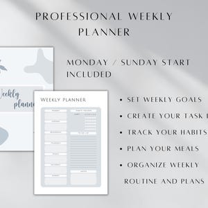 May include: A printable weekly planner with a minimalist design. The planner includes sections for setting goals, creating a task list, tracking habits, planning meals, and organizing weekly routines. The text "Weekly Planner" is at the top of the page.