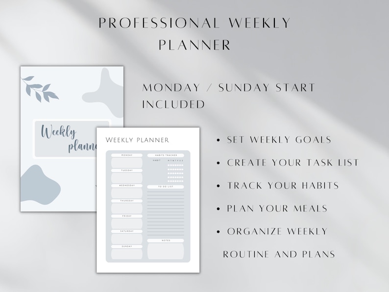 May include: A printable weekly planner with a minimalist design. The planner includes sections for setting goals, creating a task list, tracking habits, planning meals, and organizing weekly routines. The text "Weekly Planner" is at the top of the page.